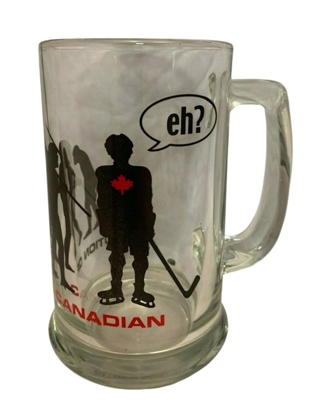 Evolution of a Canadian Glass Beer Mug - Ape to Hockey Player 5.5" Tall Vintage